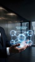Business professional hand displaying holographic organizational development network with interconnected strategy leadership culture elements in modern office.