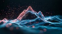 Abstract mountain landscape with glowing pink and blue waves against dark background, particles and light effects create magical atmosphere.