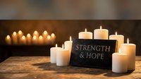 Peaceful candles glowing warmly around inspirational strength and hope message on rustic wooden surface creating serene atmosphere for meditation and reflection.