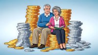 Senior couple sitting on gold coins planning retirement finances with stacks of money representing wealth management and financial security.