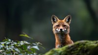 Red fox peering curiously over mossy log in forest setting, with soft bokeh background and natural lighting creating atmospheric wildlife portrait.