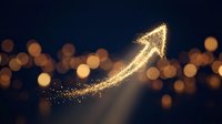 Glowing upward arrow made of golden particles and sparkles on dark background with bokeh lights, representing growth, success, and financial progress for business concepts.