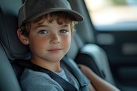 Young Caucasian boy wearing baseball cap sitting in car backseat with seatbelt, soft natural lighting creates gentle mood, looking at camera with slight smile.