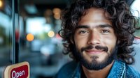 Young Hispanic man with curly hair and beard smiling at camera, standing near open sign at storefront with blurred city background.