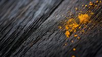 Vibrant orange turmeric powder scattered on dark rustic wooden surface with dramatic lighting and shallow depth of field creating atmospheric food photography composition.