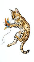 Playful spotted serval cat with golden coat playing with colorful flower on white background, isolated clipart for design projects.