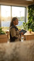 African American woman engineer with dreadlocks using tablet in sustainable office with wind turbines and solar panels visible through windows.