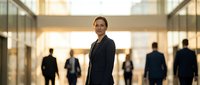 Professional businesswoman in dark suit standing confidently in modern corporate office lobby with blurred colleagues in background during golden hour.