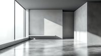 Minimalist empty room interior with concrete floor, white walls and large windows casting dramatic diagonal shadows, modern architectural space.