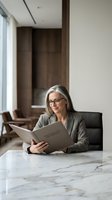 Professional mature businesswoman with gray hair and glasses reading documents in modern office interior with marble table and contemporary furniture.