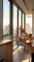 Woman hands gesturing during business presentation in modern office with city view through large windows at sunset creating warm atmosphere.