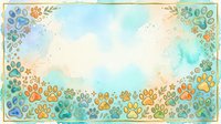 Watercolor paw prints border frame with blue, orange, and green tones on cream background. Isolated design element for pet-related projects, greeting cards, and animal-themed graphics.