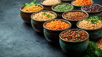 Variety of colorful legumes and pulses in ceramic bowls on dark background. Raw organic lentils, peas, beans and chickpeas rich in protein and fiber.