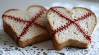 Heart-shaped bread slices with red stitching pattern resembling baseball seams, arranged on decorative paper.