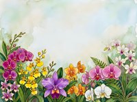 Watercolor orchid garden border with colorful blooms in pink, purple, yellow and white on soft green background with copy space.