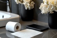 Toilet paper roll and smartphone on wooden surface with white hydrangea flowers in black vase, modern bathroom interior with dark walls and minimalist style.