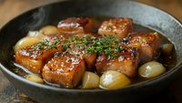 Glazed pork belly chunks with caramelized pearl onions in cast iron pan, garnished with fresh thyme herbs, close up view of Asian fusion cuisine.