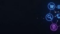 Digital technology network with glowing blue and purple icons on dark background for business presentations and web design concepts.