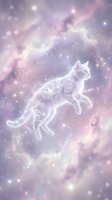 Ethereal translucent cat floating in dreamy purple galaxy with sparkling stars and cosmic nebula clouds for fantasy and spiritual design projects.