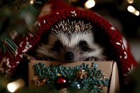 Adorable hedgehog wearing festive red knit hat peeking from decorated gift box with Christmas tree branches and warm bokeh lights creating magical holiday atmosphere.