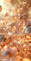 Macro photography of water drops with golden light reflections creating dreamy bokeh effect, showing surface tension and light refraction in spherical bubbles.