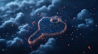 Glowing digital key floating among dramatic storm clouds with sparkling particles, symbolizing digital security and access control in technology.