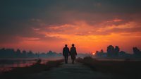 Romantic couple walking together at golden sunset by lake with dramatic orange sky and silhouetted trees creating peaceful evening atmosphere for love concepts.