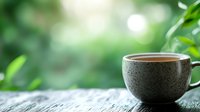 Ceramic coffee cup on wooden table with green nature background bokeh for morning relaxation and cafe atmosphere concepts.
