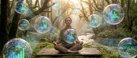 Young woman meditating in peaceful forest setting with digital wellness data visualization bubbles showing health metrics and mindfulness analytics.