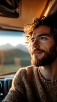 Young bearded man with curly hair smiling while driving at sunset, wearing brown fleece sweater. Golden hour lighting creates warm atmospheric mood in car interior.