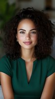 Young mixed race woman with natural curly hair wearing emerald green dress smiling at camera. Professional headshot style portrait with soft lighting.