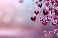 Romantic pink and burgundy hearts floating with sparkles on blurred pastel background, creating dreamy atmosphere for Valentine's day cards and love-themed designs.