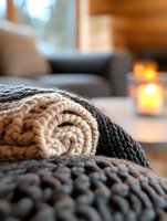 Cozy knitted blankets in cream and charcoal gray tones folded on sofa with warm candlelight creating relaxing hygge atmosphere in living room interior.