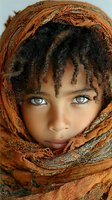 Young African woman with striking green eyes wrapped in ornate orange headscarf with intricate patterns and textures for cultural fashion and beauty concepts.