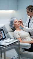 Professional dermatologist performing cosmetic injection treatment on female patient in modern medical clinic for anti-aging skincare procedure.