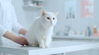 White cat sitting on examination table at veterinary clinic with doctor in medical coat during health checkup appointment.