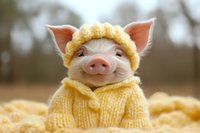 Adorable piglet wearing yellow knitted sweater and matching hat, smiling at camera while sitting on soft blanket. Cozy farm animal portrait in natural lighting.