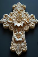 Ornate ivory cross with intricate floral carvings and baroque scrollwork on dark background for religious and decorative design projects.