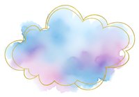 Watercolor pastel cloud with golden outline, soft blue and pink tones, isolated on white background, ready for design use.