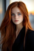 Young woman with flowing red hair, freckles and blue eyes in black attire against sunset window light, natural beauty portrait with soft golden hour glow.