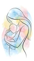 Mother holding newborn baby in tender embrace with flowing hair on soft watercolor background for maternity and parenting designs.