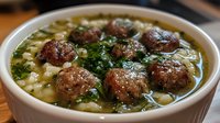 Homemade soup with tender meatballs, fresh herbs, and pasta in clear broth served in white ceramic bowl. Traditional comfort food for cold weather.
