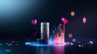 Futuristic financial concept with glowing neon charts, stacked coins and dynamic pink light trails on dark background, modern business analytics visualization.