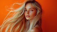 Young blonde woman with flowing hair against vibrant orange background, dramatic lighting creates ethereal mood for fashion, beauty and lifestyle content.