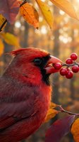 Male northern cardinal eating red berries among colorful autumn leaves with warm sunlight filtering through golden foliage creating seasonal wildlife scene.