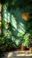 Tropical monstera and palm leaves cast dramatic shadows on green wall, sunlight streaming through window creates natural lighting effect in modern interior space.