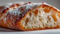 Freshly baked artisan bread loaf with golden crust and airy crumb texture, dusted with flour for bakery and culinary applications.