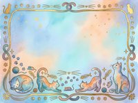 Watercolor pet frame border with cats and dogs in pastel colors, decorative elements and paw prints for animal lover designs and veterinary materials.