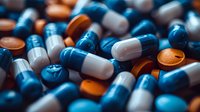 Close-up macro shot of blue and white medical capsules mixed with orange tablets, perfect for healthcare, pharmaceutical advertising and medical publications.