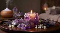Amethyst crystal candle holder with burning candle surrounded by purple gemstones, white flowers and lavender sprigs on wooden tray for spa relaxation.